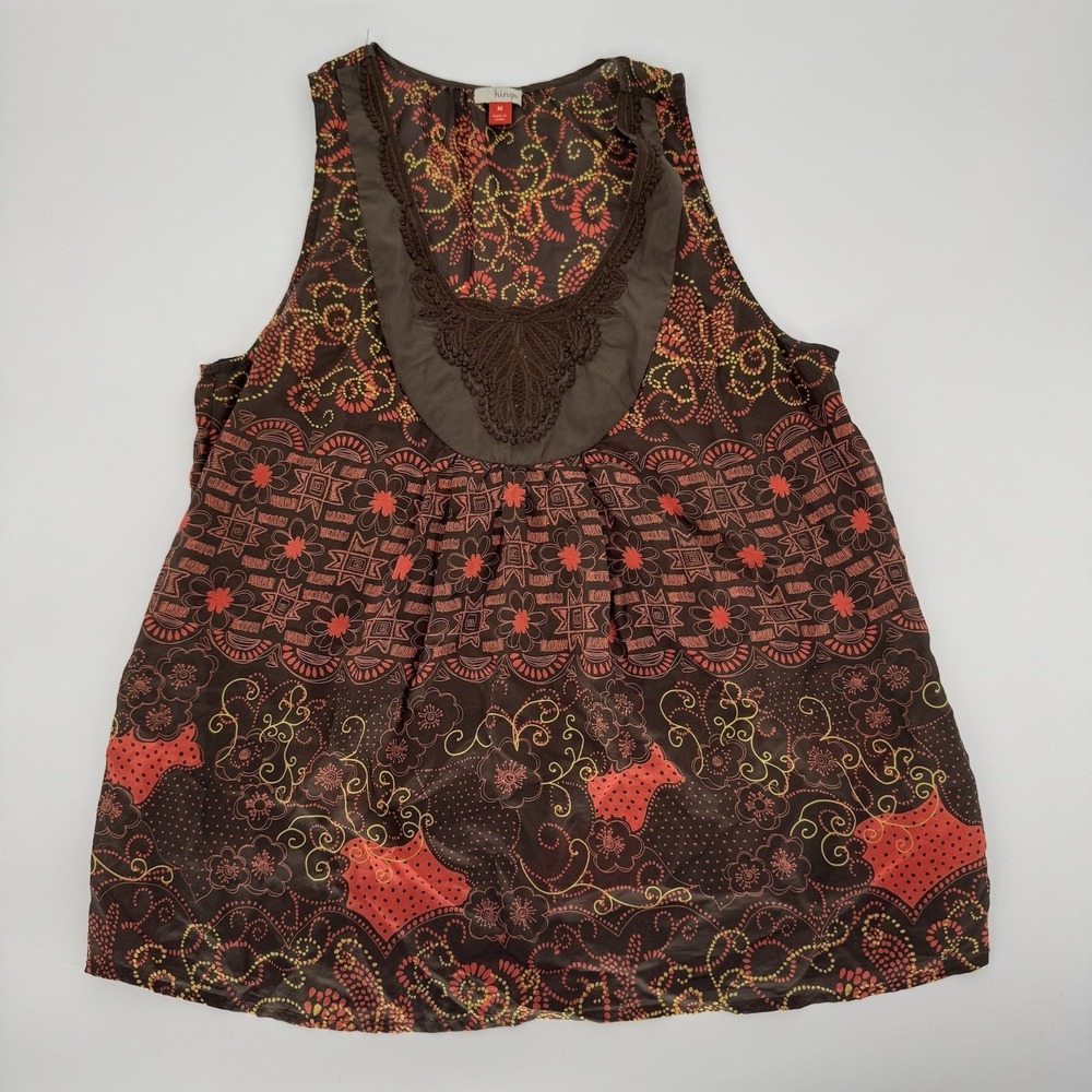 Hinge 100% Silk Boho Peasant Blouse‎ Brown Floral Embroidered Bib Sleeveless Med
